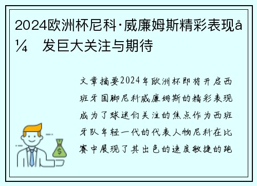 2024欧洲杯尼科·威廉姆斯精彩表现引发巨大关注与期待