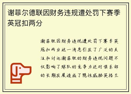 谢菲尔德联因财务违规遭处罚下赛季英冠扣两分 谢菲尔德联因财务违规遭处罚下赛季英冠扣两分